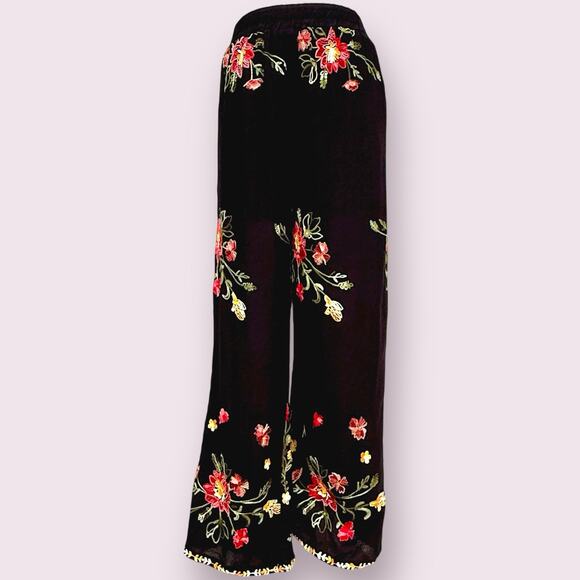 LIV Los Angeles Embroidered Wide Leg Pants Black Floral Boho Festival Rayon Sz S - Picture 3 of 11